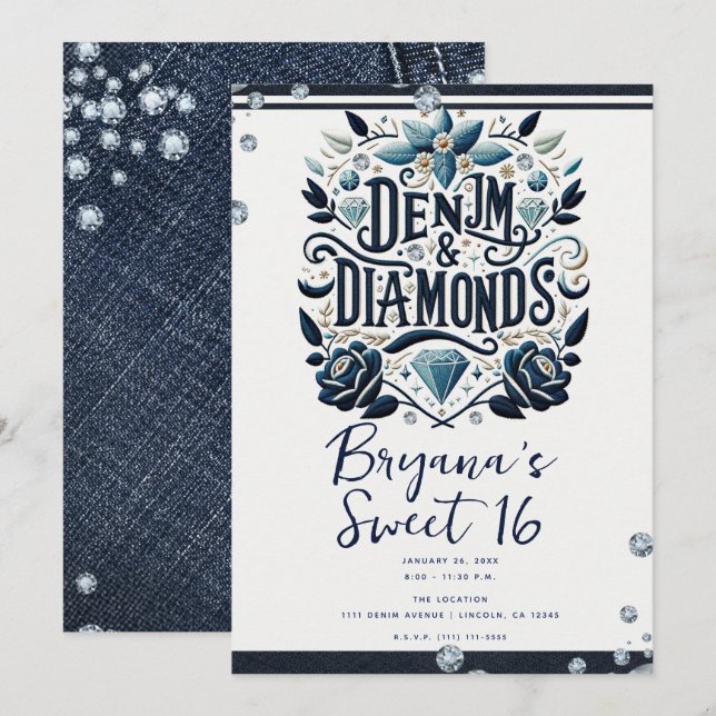 Denim & Diamonds Broderade Blommiga Sweet 16 Inbjudningar (Fram/baksida)