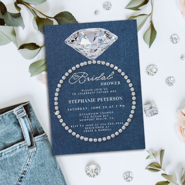 Denim Diamonds Bröllop Ring Elegant Möhippa Inbjudningar (denim and diamonds bridal shower invitation big sparkler ring classy stylish chic modern romantic)