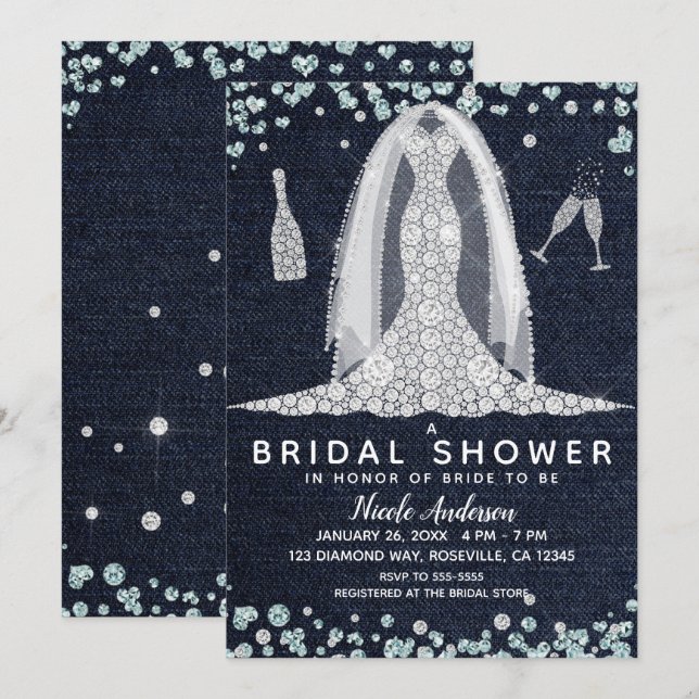 Denim & Diamonds bröllopsklänning Bridal Shower Gl Inbjudningar (Fram/baksida)