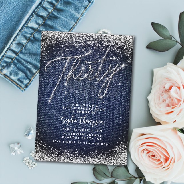 Denim Diamonds Calligraphy 30års födelsedag Party Inbjudningar (denim and diamonds 30th birthday party invitation blue jeans white glitter bling rhinestones glam)