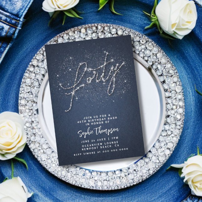 Denim Diamonds Calligraphy 40 Birthday Party Inbjudningar (denim and diamonds calligraphy 40th birthday party invitation classy glam bling glamour rhinestones )