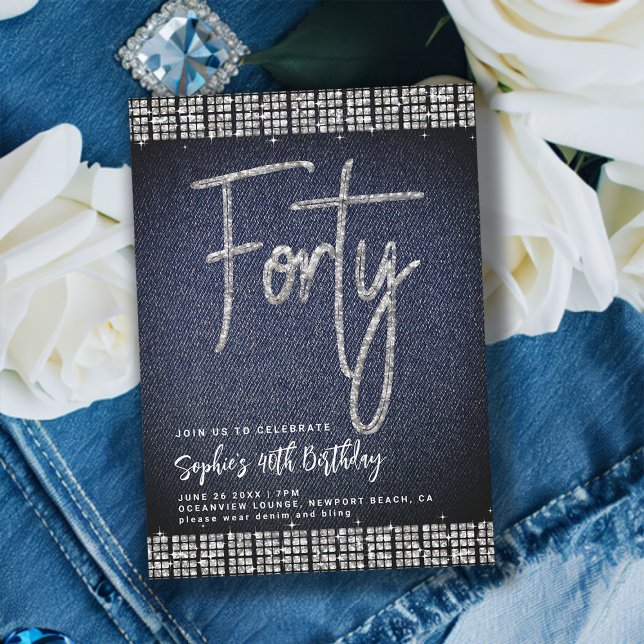 Denim Diamonds Classy Bling 40:e födelsedagen Part Inbjudningar (denim and diamonds 40th birthday invitation classy modern elegant rhinestones calligraphy blue jeans)