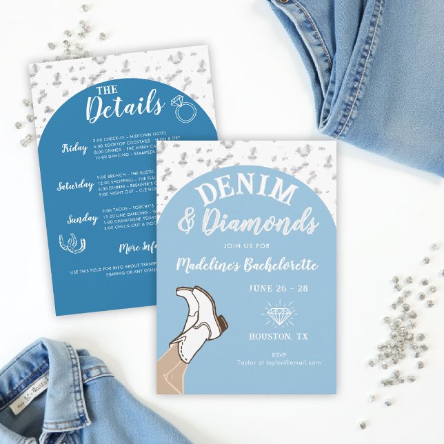 Denim Diamonds Cowgirl Arch Bachelorette Itinerary Inbjudningar (denim and diamonds bachelorette party invite arch confetti hand drawn itinerary cowgirl boots)