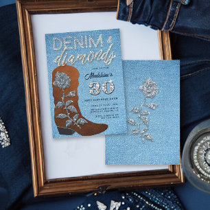 Denim Diamonds Cowgirl Bling Jeans Födelsedagsfest Inbjudningar