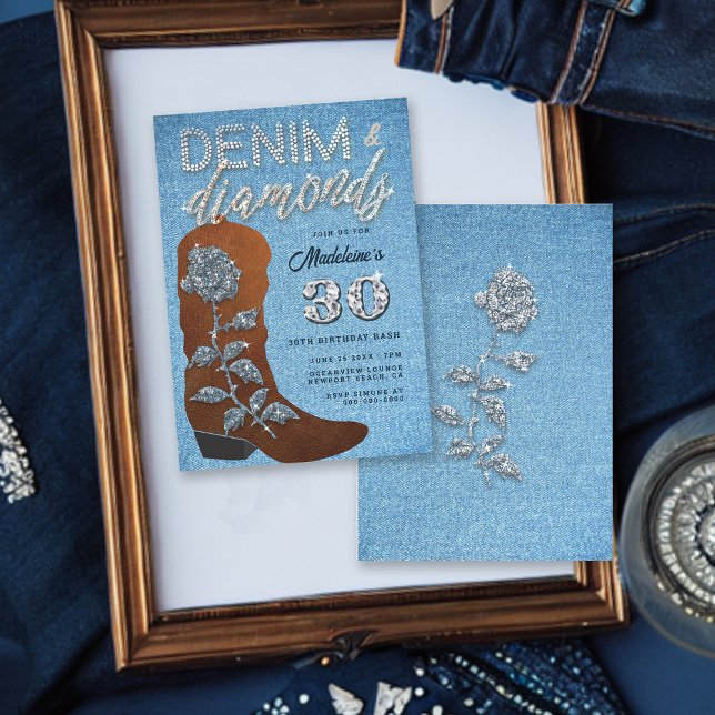 Denim Diamonds Cowgirl Bling Jeans Födelsedagsfest Inbjudningar (Denim and Diamonds Copper Cowgirl Boot 30th Birthday Party Invitation for Women Bling Rose Elegant)