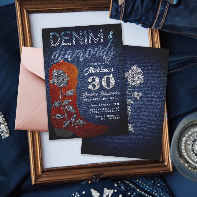 Denim Diamonds Cowgirl Bling Ro Födelsedagsfest Inbjudningar (Denim and diamonds 30th birthday party for women suede cowgirl boot bling rose terracotta copper)