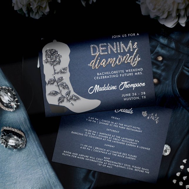 Denim Diamonds Cowgirl Boot Bachelorette Itinerary Inbjudningar (denim and diamonds bachelorette party itinerary invitation grey cowgirl boot rose bling country glam)