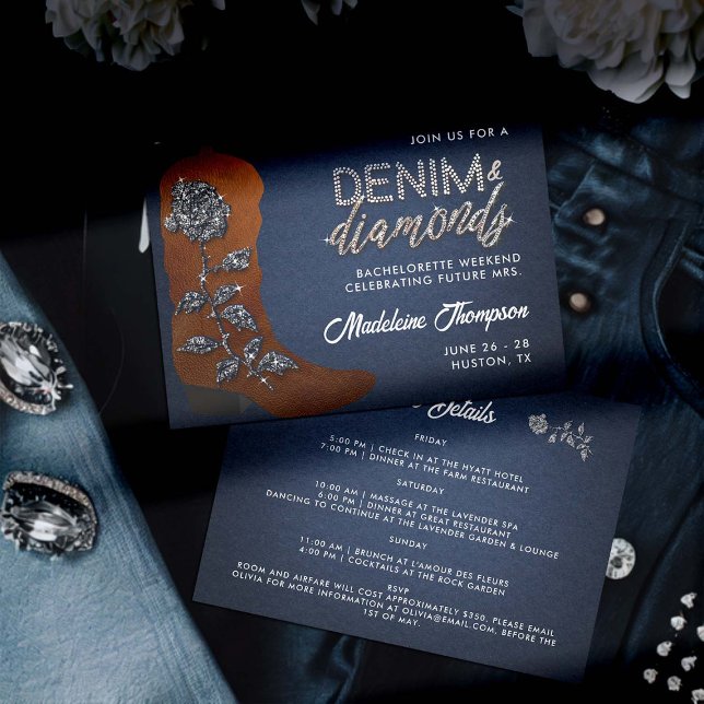 Denim Diamonds Cowgirl Boot Bachelorette Itinerary Inbjudningar (denim and diamonds bachelorette party weekend itinerary classy bling cowgirl boot blue jeans theme)