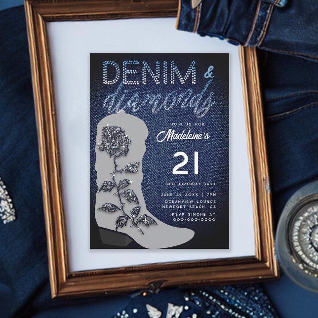 Denim Diamonds Cowgirl Boot Bling 21:a födelsedage Inbjudningar (denim and diamonds 21st birthday invite for girls cowgirl boot bling rose classy elegant modern chic)