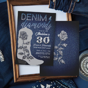 Denim Diamonds Cowgirl Boot Bling Födelsedagsfest Inbjudningar