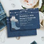 Denim Diamonds Cowgirl Boot Hat Glam 40:e födelsed Inbjudningar<br><div class="desc">En modern, elegants- och chic 40-dagars festinbjudan med ett denim- och diamanttema. Den har en denim-bakgrund, en brun suede cowgirl boot med en cowgirl-hatt över den och en del av rhinestoner (detta är en digital effekt) och typografi i vitt. En chic, snyggt och klass "denim och diamanter"-design för en kvinna...</div>