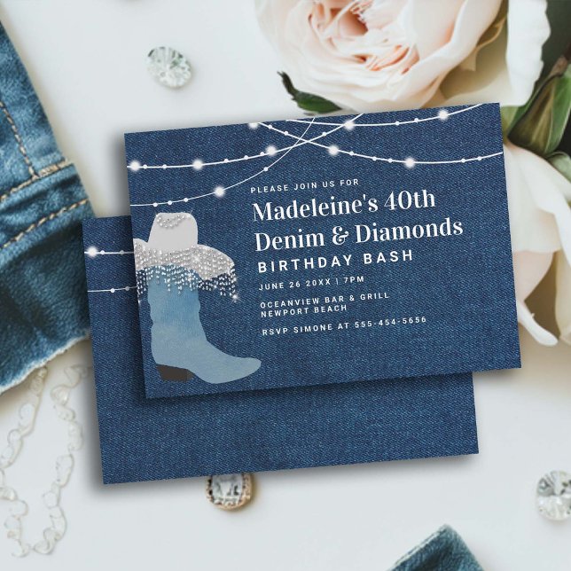 Denim Diamonds Cowgirl Boot Hat Glam 40:e födelsed Inbjudningar (denim and diamonds theme 40th birthday party invitation women elegant cowgirl hat western country )