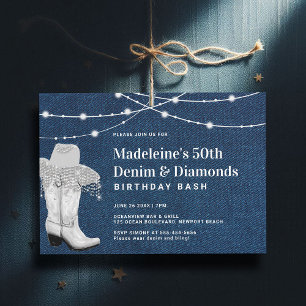 Denim Diamonds Cowgirl Boot Hat Glam 50:e födelsed Inbjudningar