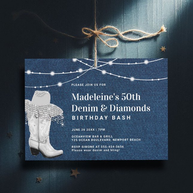 Denim Diamonds Cowgirl Boot Hat Glam 50:e födelsed Inbjudningar (denim diamonds 50th birthday invitation for women elegant classy rustic glam cowgirl boots hat)