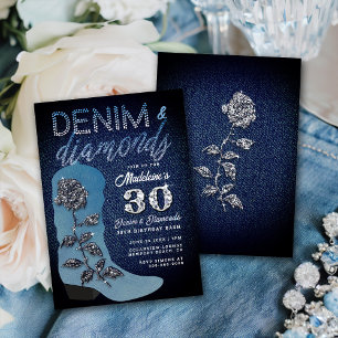 Denim Diamonds Cowgirl Boot Rose 30 Födelsedagsfes Inbjudningar