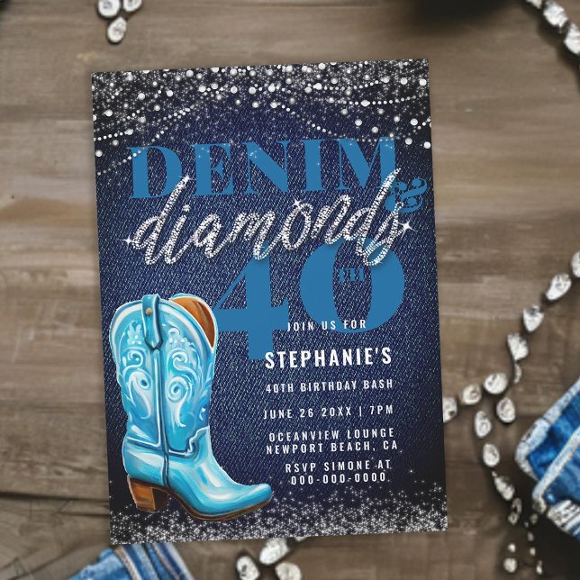 Denim Diamonds Cowgirl Boot Rustic 40:e födelsedag Inbjudningar (denim diamonds 40th birthday invitation for women cowgirl boot countryside horse country classy)