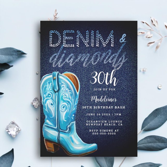 Denim Diamonds Cowgirl Boot Rustic Födelsedagsfest Inbjudningar (denim diamonds 30th birthday party invitation for women rustic glam barn country blue cowgirl boot)