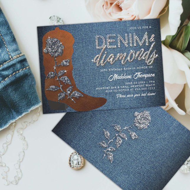Denim Diamonds Cowgirl Boot Westernare 30års födel Inbjudningar (denim and diamonds theme 30th birthday invitation women country cowgirl boot western blue jeans chic)