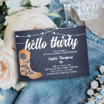 Denim Diamonds Cowgirl Boots 30års födelsedag Inbjudningar<br><div class="desc">Ett orustiskt, modernt, elegant och chic födelsedagsfest inbjudan med ett denim- och diamanttema. Den har en denim-bakgrund, ett par cowgirl-boots med en ro-detalj täckt av rinestoner (detta är en digital effekt) och land western typografi i vitt, med manusjografi för titeln och namn. En chic "denim and diamonds"-design för en kvinna...</div>
