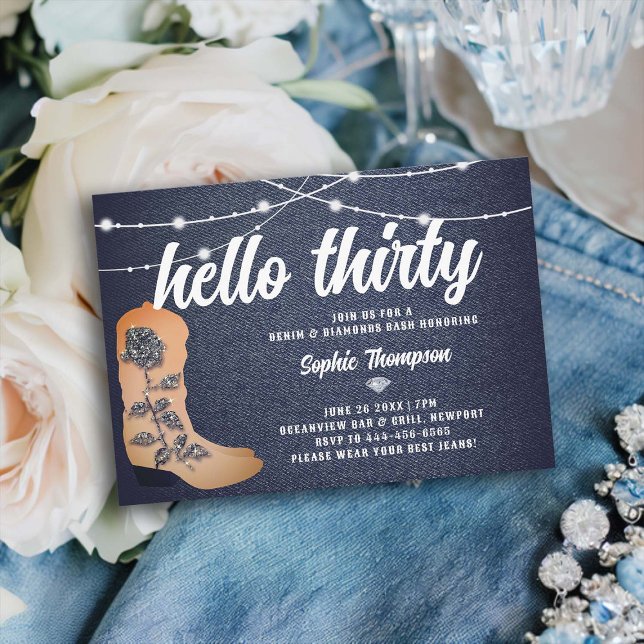 Denim Diamonds Cowgirl Boots 30års födelsedag Inbjudningar (denim and diamonds 30th birthday women rustic string lights cowgirl boot classy bling script)