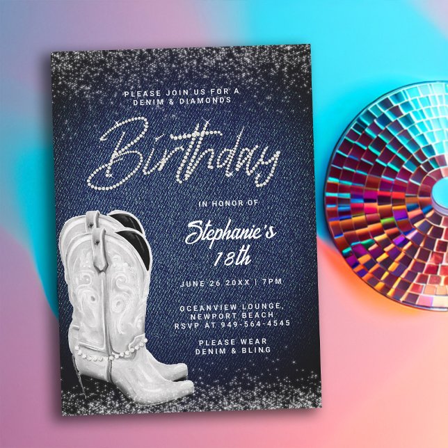 Denim Diamonds Cowgirl Boots Bling 18:e födelsedag Inbjudningar (denim and diamonds 18th birthday invitation women cowgirl boots country western party elegant classy)