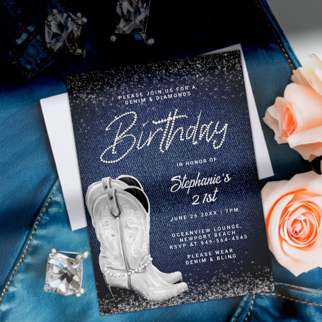 Denim Diamonds Cowgirl Boots Bling 21:a födelsedag Inbjudningar (denim and diamonds birthday party invitation 21st women rhinestone bling glitter classy cowgirl boot)