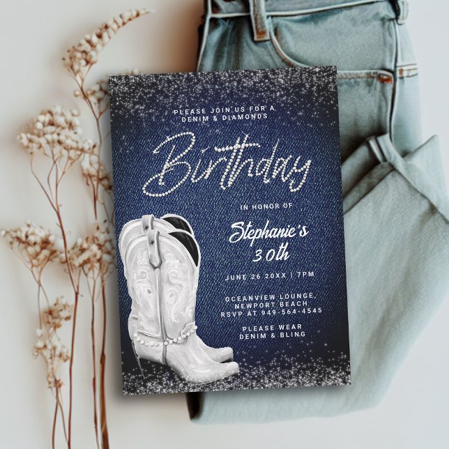 Denim Diamonds Cowgirl Boots Bling 30års födelseda Inbjudningar (denim and diamonds 30th birthday invitation women cowgirl boots country western party elegant classy)