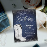 Denim Diamonds Cowgirl Boots Bling 40:e födelsedag Inbjudningar<br><div class="desc">En modern inbjudan till land, elegant och chic på 40-årsdagen för kvinnor med ett denim- och diamanttema. Den har en denim-bakgrund, ett vitt par cowgirl-botar påstående i akrylmålning och typografi i vitt, med ord "Birthday" i modern kalligrafi och en rinestoneffekt (detta är en digital effekt). Lägg till rustik ljus, en...</div>