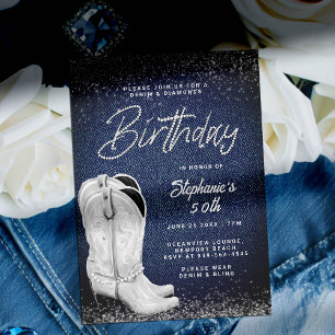 Denim Diamonds Cowgirl Boots Bling 50:e födelsedag Inbjudningar