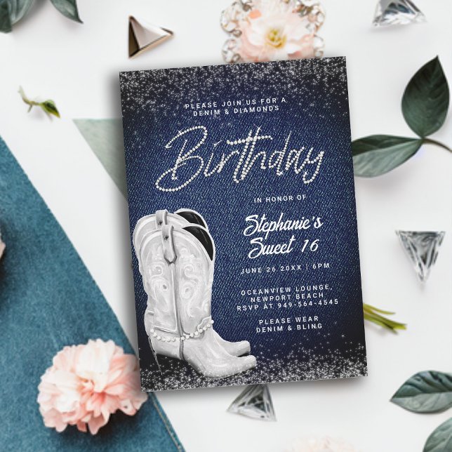 Denim Diamonds Cowgirl Boots Bling Sweet 16 Inbjudningar (denim and diamonds sweet 16 birthday invitation girls cowgirl boots country western party elegant)