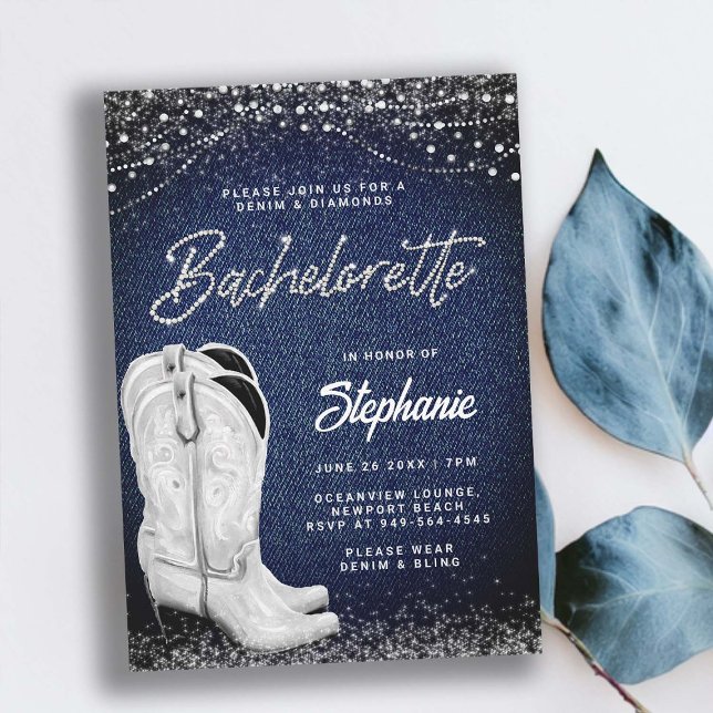 Denim Diamonds Cowgirl Boots Land Bachelorette Inbjudningar (denim and diamonds bachelorette party invitation white cowgirl boots classy ladies night out country)