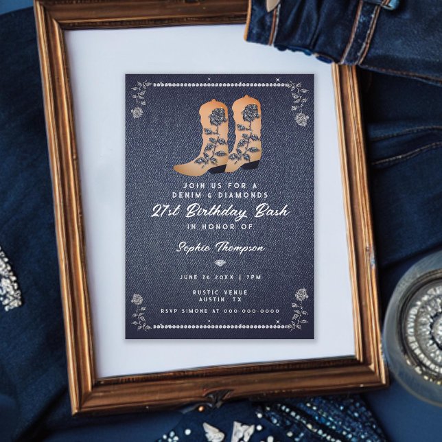 Denim Diamonds Cowgirl Boots Ro 21:a födelsedagen Inbjudningar (denim diamonds 21st birthday invite for girls rustic cowgirl boots roses rhinestones classy elegant)