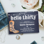 Denim Diamonds Cowgirl Boots Ro 30års födelsedag Inbjudningar<br><div class="desc">Ett orustiskt, modernt, elegant och chic födelsedagsfest inbjudan med ett denim- och diamanttema. Den har en denim-bakgrund, ett par cowgirl-skor med en ro-detalj täckt i rinestoner (detta är en digital effekt) och land western typografi i vitt. En chic "denim and diamonds"-design för en kvinna på hennes trettioårsdag, som gillar temat...</div>