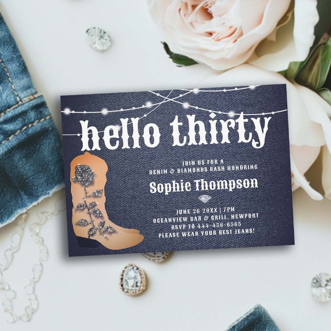Denim Diamonds Cowgirl Boots Ro 30års födelsedag Inbjudningar (denim and diamonds 30th birthday party women cowgirl boots rose bling elegant classy rustic lights)