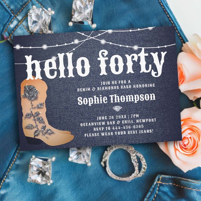 Denim Diamonds Cowgirl Boots Ro 40:e födelsedagen Inbjudningar (denim and diamonds 40th birthday party invitation women elegant country western cowgirl boot rustic )