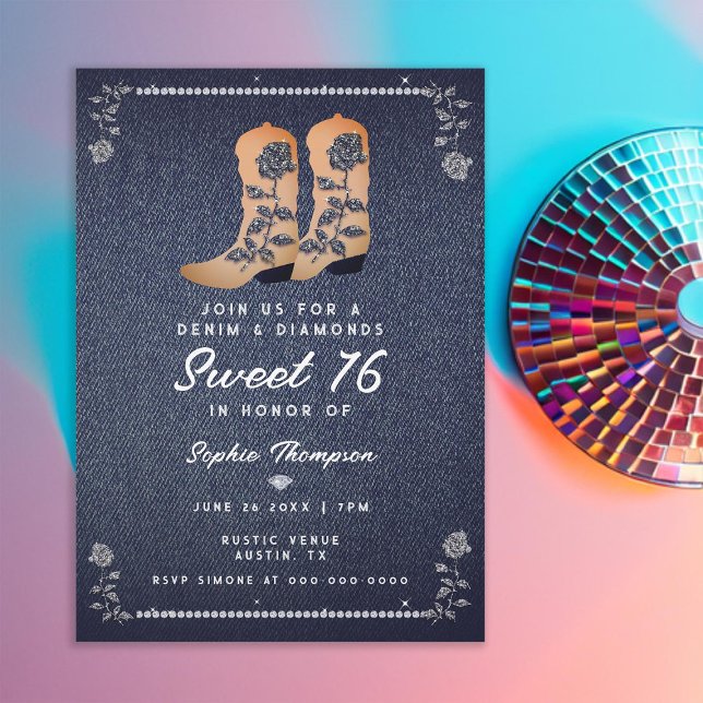 Denim Diamonds Cowgirl Boots Ro Sweet 16 Inbjudningar (denim and diamonds sweet 16 rustic cowgirl boots rhinestones roses frame elegant classy chic girly)