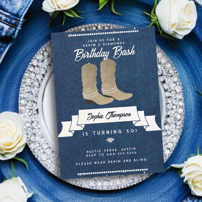 Denim Diamonds Cowgirl Boots Rustic 50:e födelseda Inbjudningar (denim and diamonds 50th birthday invitation for women elegant classy bling cowgirl boots rustic chic)