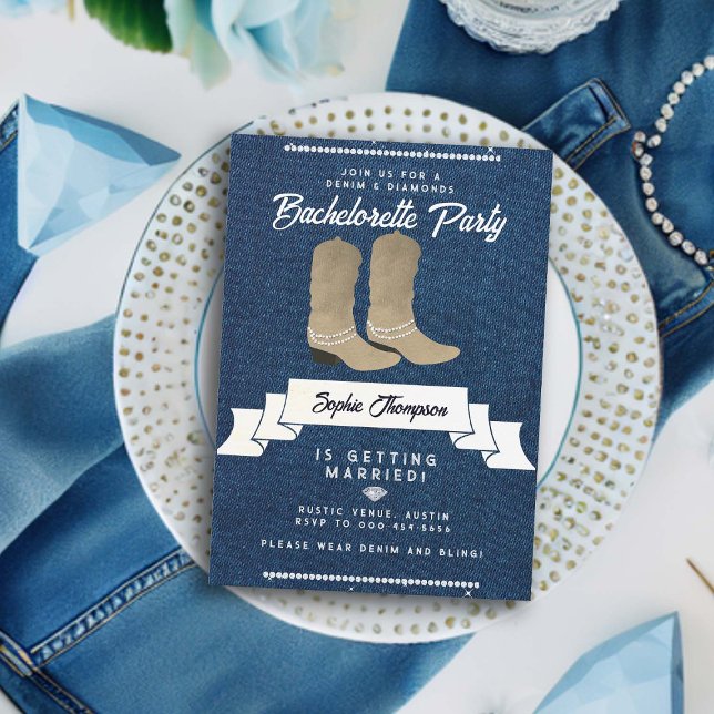 Denim Diamonds Cowgirl Boots Rustic Bachelorette Inbjudningar (denim diamonds bachelorette party invitation white cowgirl boots country western rustic classy bling)