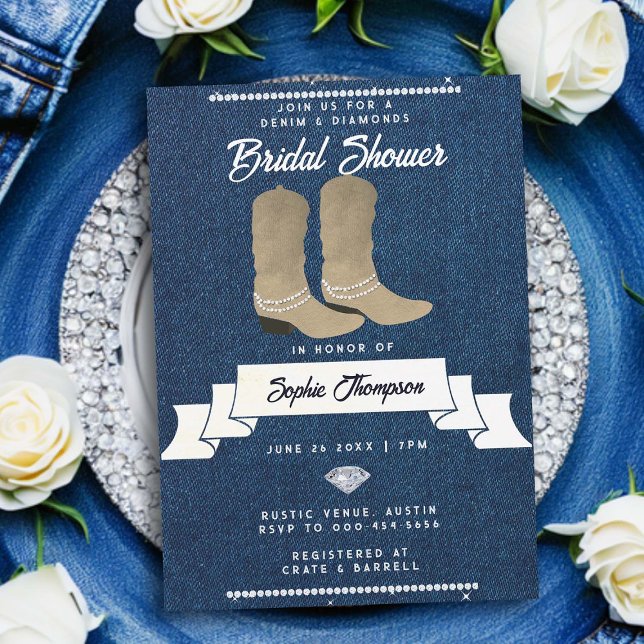 Denim Diamonds Cowgirl Boots Rustic Möhippa Inbjudningar (denim and diamonds bridal shower invitation rustic country western cowgirl boots classy bling chic)
