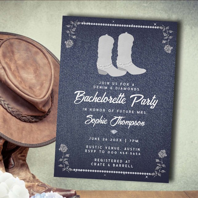 Denim Diamonds Cowgirl Boots Western Bachelorette Inbjudningar (denim diamonds bachelorette party invitation country western cowgirl boots classy bling roses chic)