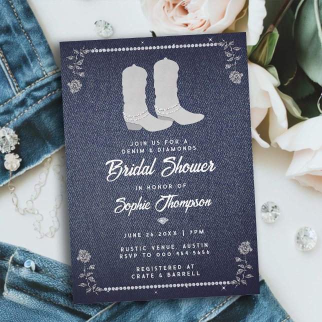 Denim Diamonds Cowgirl Boots Westerna Möhippa Inbjudningar (denim diamonds bridal shower invitation classy rhinestone cowgirl boots roses western country chic)
