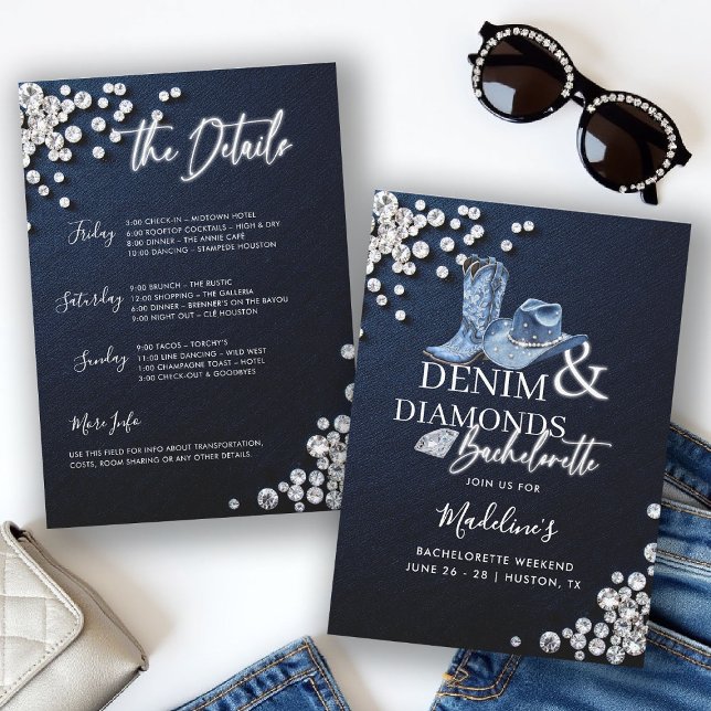 Denim Diamonds Cowgirl Chic Bachelorette Itinerary Inbjudningar (denim diamonds bachelorette party itinerary invitation cowgirl hat boots calligraphy modern classy)