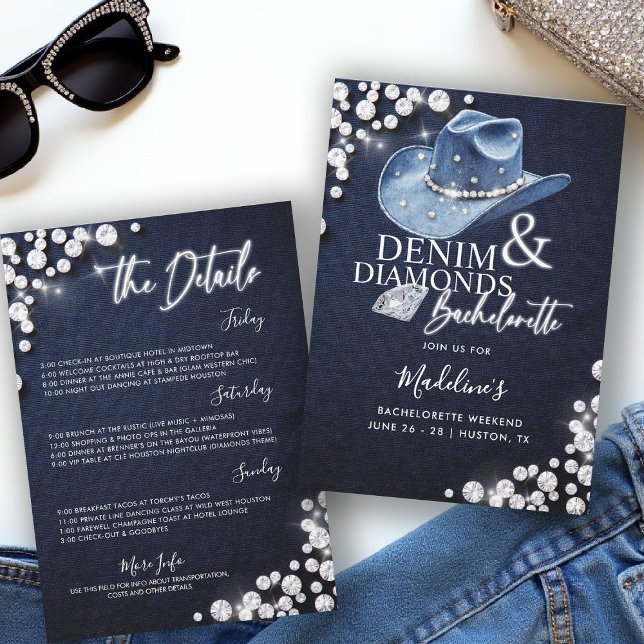 Denim Diamonds Cowgirl Hat Bachelorette Itinerary Inbjudningar (denim diamonds bachelorette party itinerary invitation cowgirl hat calligraphy modern classy stylish)