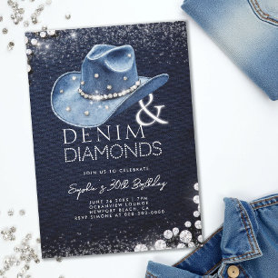 Denim Diamonds Cowgirl Hat Bling 30års födelsedag Inbjudningar