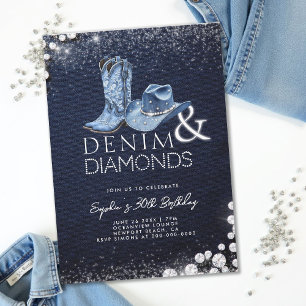 Denim Diamonds Cowgirl Hat Boots 30års födelsedag Inbjudningar
