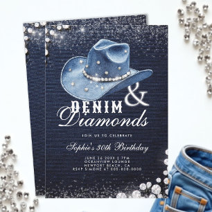 Denim Diamonds Cowgirl Hat Script 30års födelsedag Inbjudningar