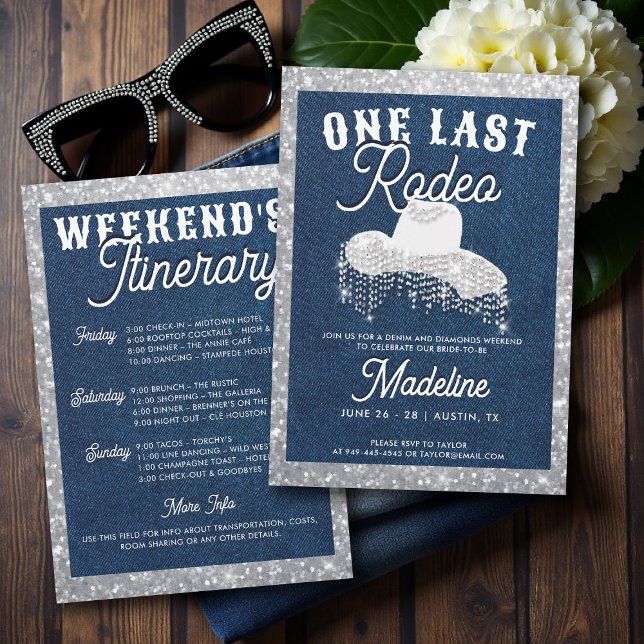 Denim Diamonds Cowgirl Last Rodeo Bachelorette Inbjudningar (denim and diamonds bachelorette party invite last rodeo glam bling frame lets go girls classy)