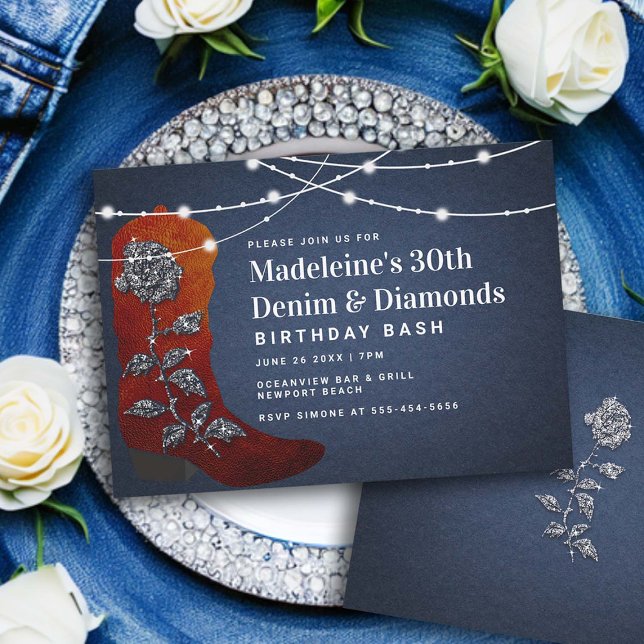 Denim Diamonds Cowgirl Stövel Glam 30-årsdag Inbjudningar (denim and diamonds 30th birthday invitation women elegant classy bling rustic lights cowgirl boot )