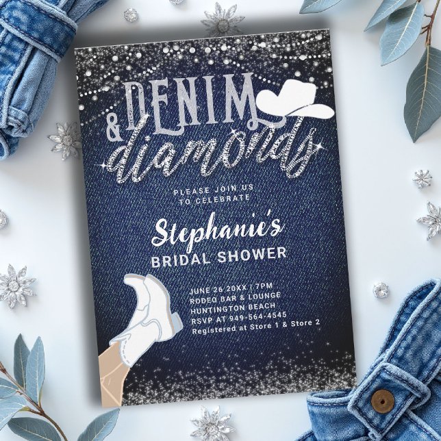 Denim Diamonds Cowgirl Stövlar Rustik Bröllopsfest Inbjudningar (denim and diamonds bridal shower invitation card template blue white rustic chic western barn)