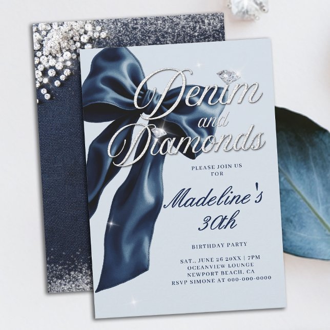 Denim Diamonds Dark Blue Bow 30th Birthday Party Inbjudningar (denim and diamonds 30th birthday party invitation blue white dark bow bling sparkles classy)
